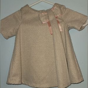Tahari Baby Dress Tan Cream Pink Bow Short Sleeve 12 Month
